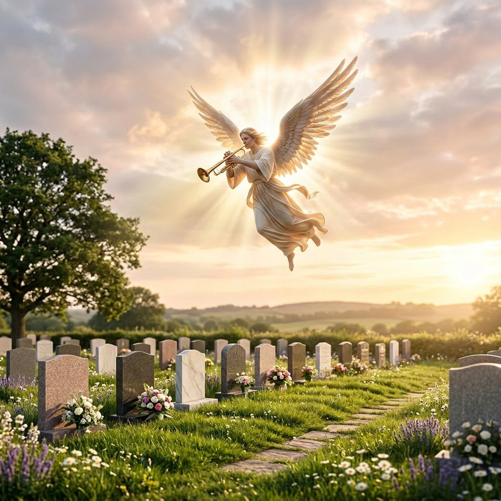 A trumpet illuminated by sunset light floating over a cemetery with rows of headstones and flowers.