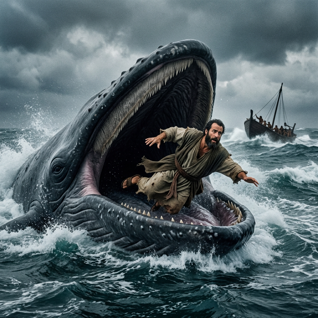 Man leaping from mouth of large whale in rough ocean with boat in background