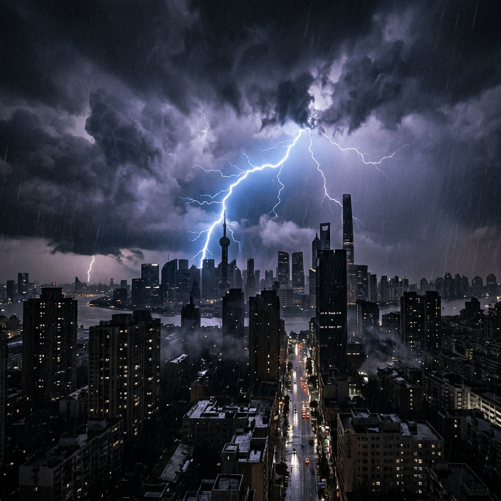 Lightning striking over a city skyline with stormy clouds and rain
